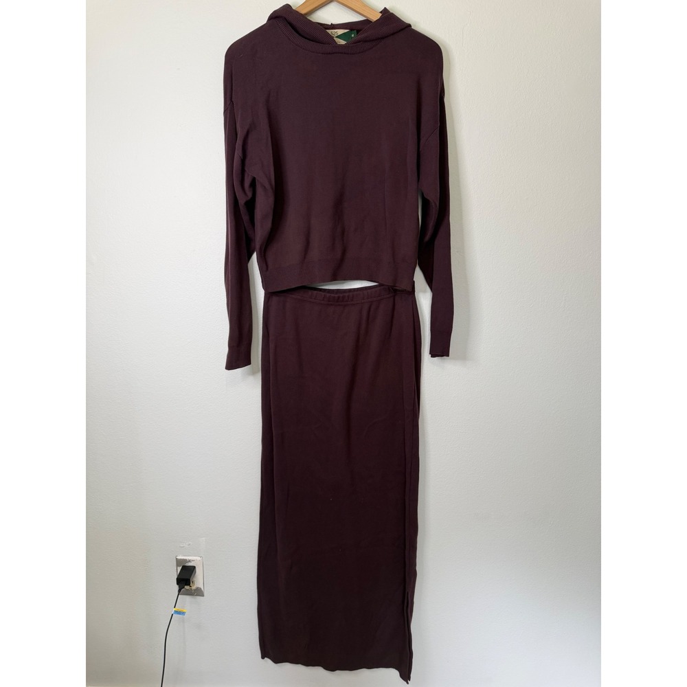 525 America‎ - Two Piece Knit Sweater Hoodie and Maxi Skirt Set Dark Plum